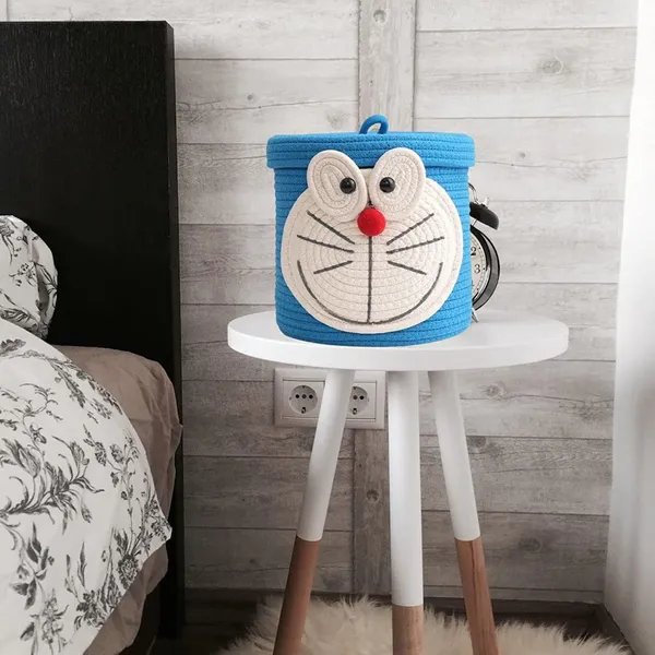 Doraemon_Face_Storage_Basket_With_Lid_Blue_Woven_Cotton_Rope_Organizer