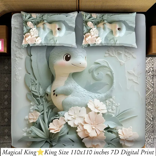 Magical_King_Size_3D_Digital_Print_Bedding_Set_Cute_Dragon_With_Floral_Design