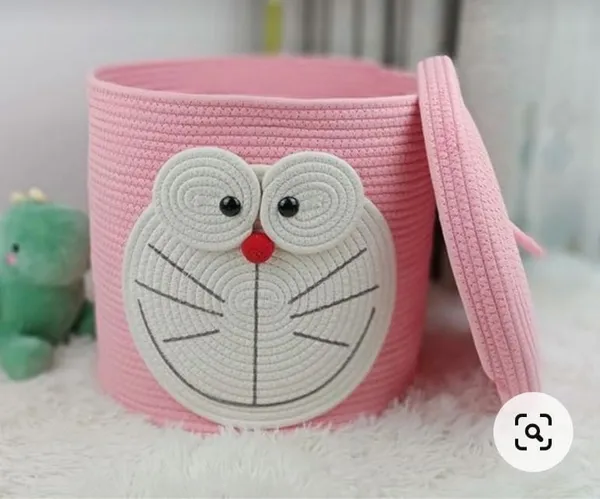 Pink_Cotton_Rope_Storage_Basket_With_Doraemon_Face_Design