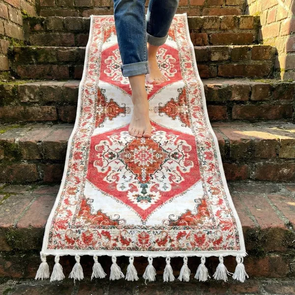 Vintage_Persian_Style_Runner_Rug_With_Tassel_Fringe_Red_And_Cream_Traditional_Medallion_Design