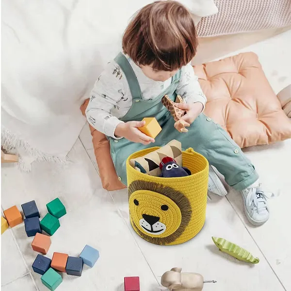 Yellow_Lion_Face_Cotton_Rope_Toy_Storage_Basket_For_Kids