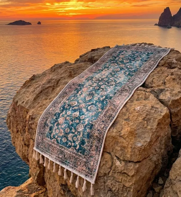 Persianstyle_Decorative_Yoga_Mat_With_Tassels_Blue_Grey_And_Coral_Print