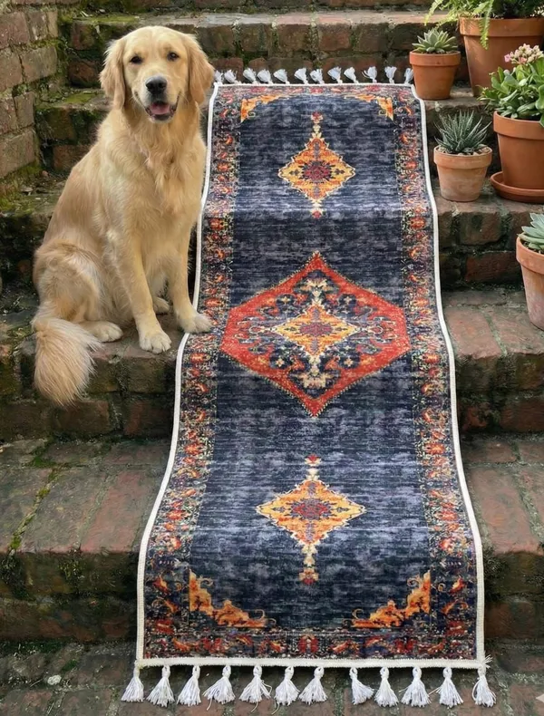 Vintage_Distressed_Persian_Runner_Rug_With_Tassels_Navy_Blue_And_Orange_Medallion_Design