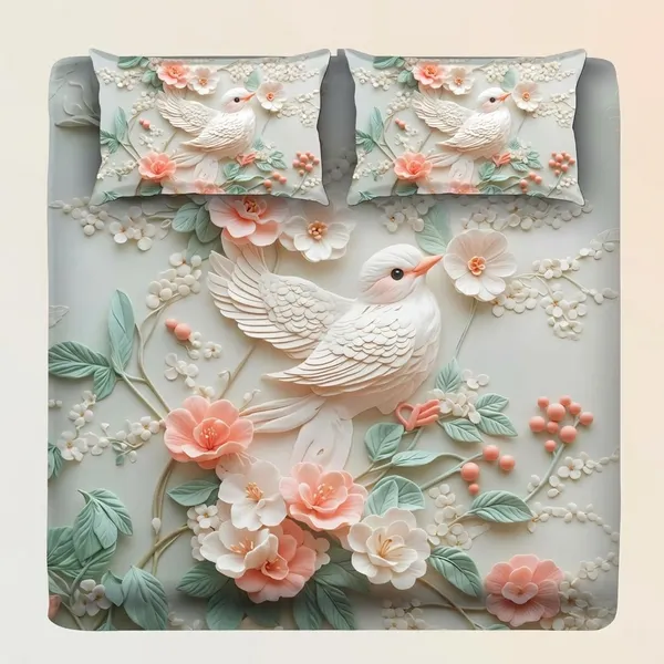 7D_Floral_Bird_Embossed_Bedding_Set_With_Matching_Pillow_Covers