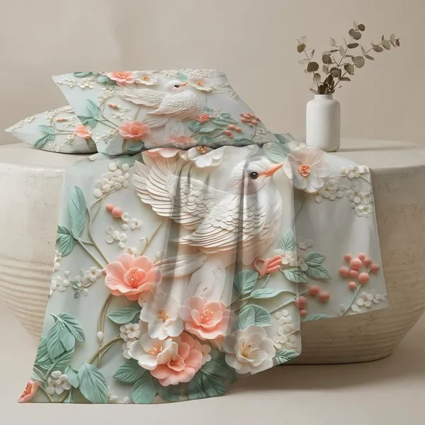 7D_Floral_Bird_Embossed_Bedding_Set_With_Matching_Pillow_Covers