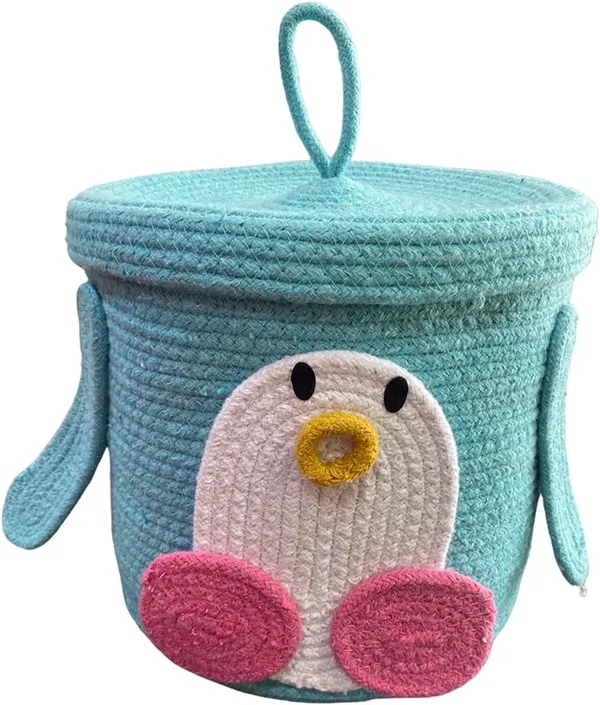 Turquoise_Penguin_Basket_With_Lid_Woven_Storage_Basket_For_Kids_Room