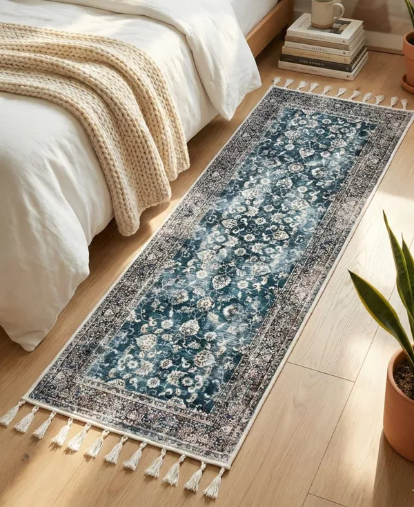 Vintage_Persian_Style_Runner_Rug_With_Tassel_Details_Blue_And_Grey_Floral_Pattern