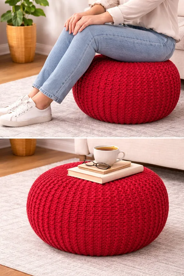 Red_Cable_Knit_Pouf_Ottoman_Round_Floor_Cushion_Seating