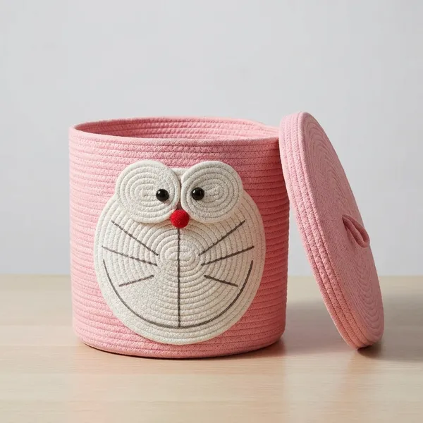 Pink_Cotton_Rope_Storage_Basket_With_Doraemon_Face_Design