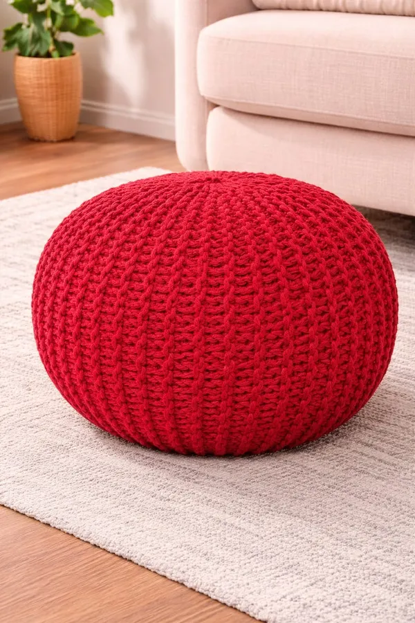 Red_Cable_Knit_Pouf_Ottoman_Round_Floor_Cushion_Seating