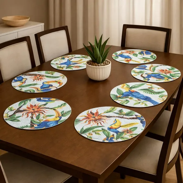 Pack_Of_6_Tropical_Bird_And_Floral_Print_Round_Placemats__Decorative_Dining_Table_Mats_With_Parrot_And_Banana_Design