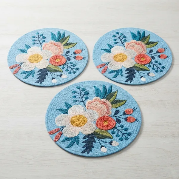 Pack_Of_6_Floral_Embroidered_Round_Breaded_PrintedTable_Placemats