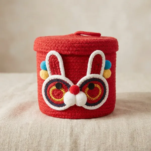 Traditional_Red_Drumshaped_Decorative_Storage_Containers_With_Rabbit_Motif
