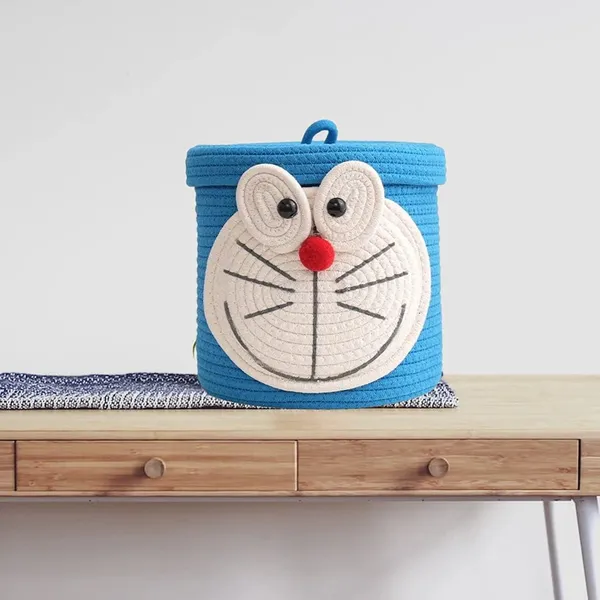 Doraemon_Face_Storage_Basket_With_Lid_Blue_Woven_Cotton_Rope_Organizer