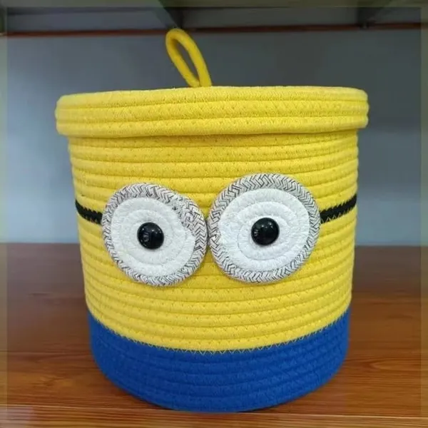 Handmade_Minion_Character_Storage_Basket_With_Lid_Yellow_And_Blue_Cotton_Rope_Organizer
