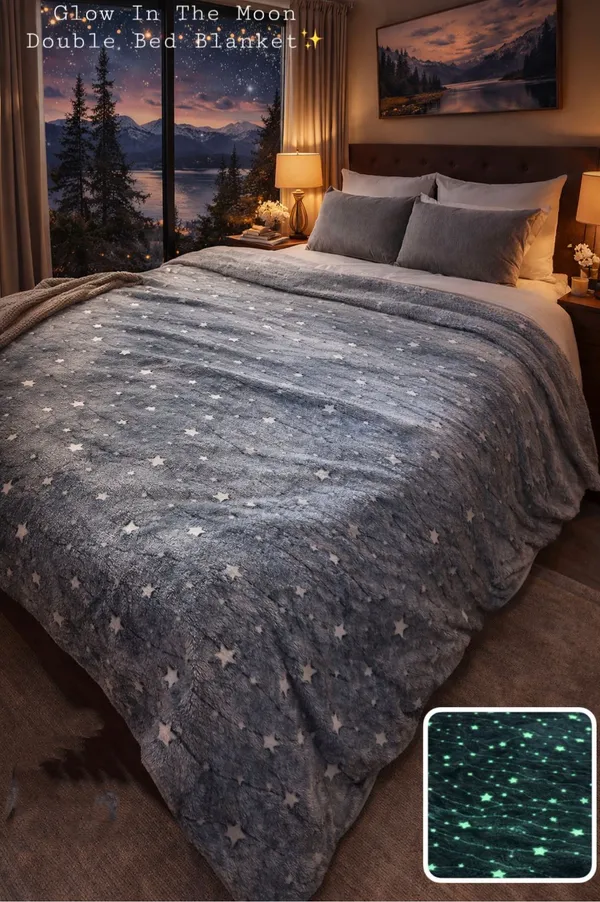 Glow_In_The_Moon_Double_Bed_Blanket_Grey_Star_Pattern