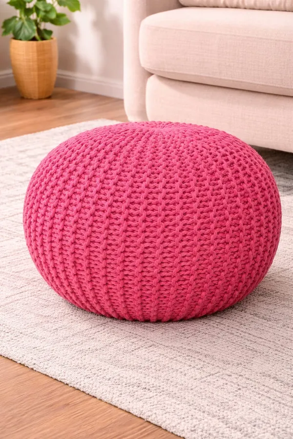 Pink_Knitted_Pouf_Ottoman_Round_Floor_Cushion_Seat