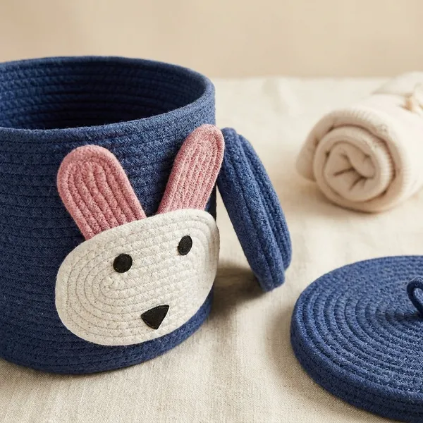 Navy_Blue_Rabbit_Face_Storage_Basket_With_Lid_Cotton_Rope_Organizer