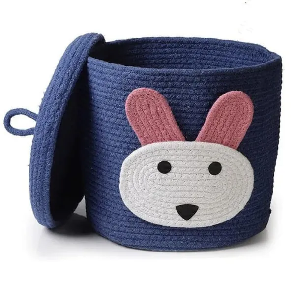 Navy_Blue_Rabbit_Face_Storage_Basket_With_Lid_Cotton_Rope_Organizer