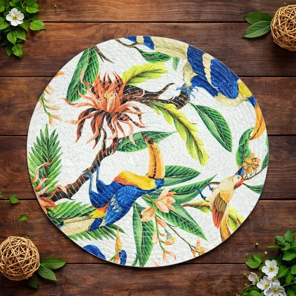 Pack_Of_6_Tropical_Bird_And_Floral_Print_Round_Placemats__Decorative_Dining_Table_Mats_With_Parrot_And_Banana_Design