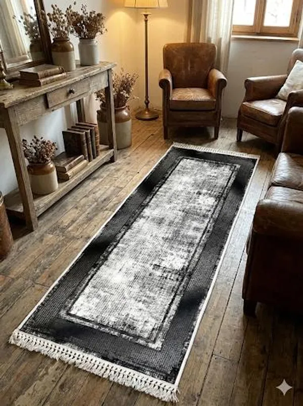 Vintage_Distressed_Runner_Rug_With_Fringe_Detail_Black_And_Grey_Border_Design