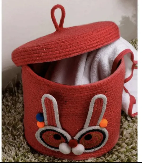 Red_Cotton_Rope_Woven_Bunny_Face_Storage_Basket_With_Lid