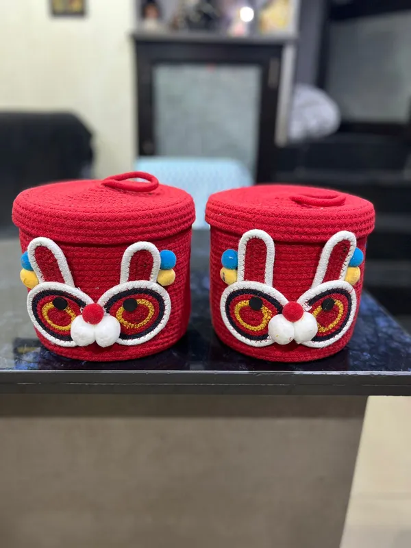 Traditional_Red_Drumshaped_Decorative_Storage_Containers_With_Rabbit_Motif