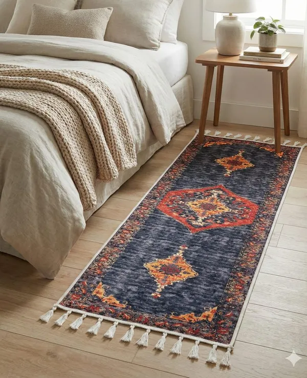 Vintage_Distressed_Persian_Runner_Rug_With_Tassels_Navy_Blue_And_Orange_Medallion_Design