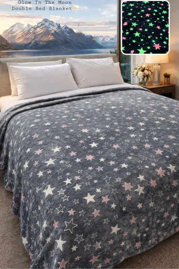 Glow_In_The_Moon_Double_Bed_Blanket_Grey_With_Colorful_Stars