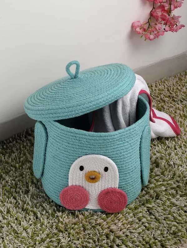 Turquoise_Penguin_Basket_With_Lid_Woven_Storage_Basket_For_Kids_Room
