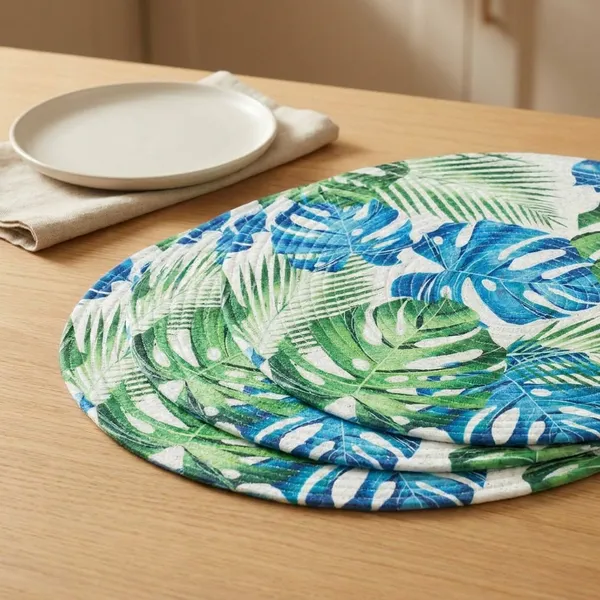Pack_Of_6_Tropical_Leaf_Print_Round_Placemat_Blue_And_Green_Palm_Pattern