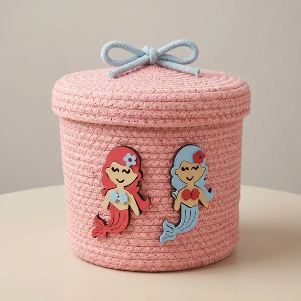 Pink_Woven_Storage_Basket_With_Mermaid_Design_And_Lid
