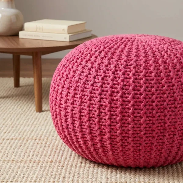 Pink_Knitted_Pouf_Ottoman_Round_Floor_Cushion_Seat