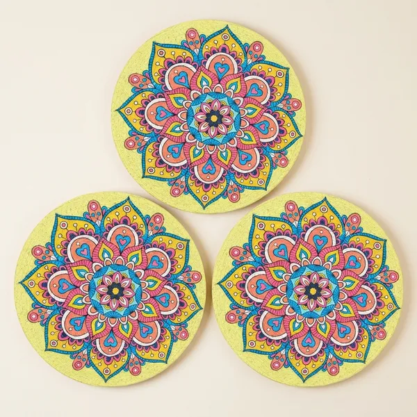 Pack_Of_6_Handcrafted_Mandala_Art_Decorative_Wall_Plate_Yellow_Background_With_Colorful_Floral_Design