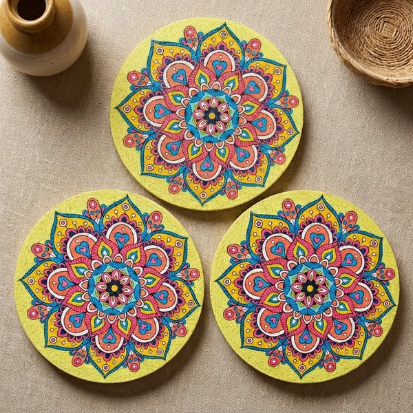 Pack_Of_6_Handcrafted_Mandala_Art_Decorative_Wall_Plate_Yellow_Background_With_Colorful_Floral_Design