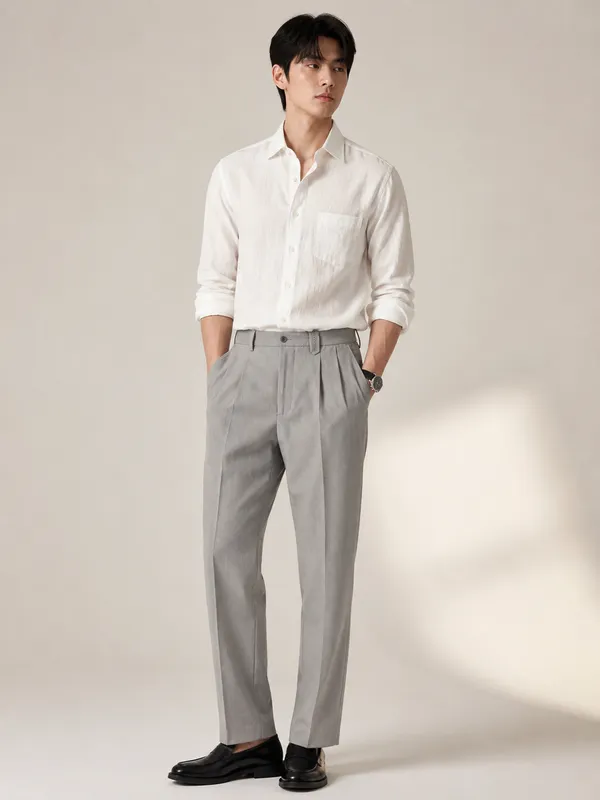 Grey_linen_Viscose_Pleated_korean_Trousers_For_Men