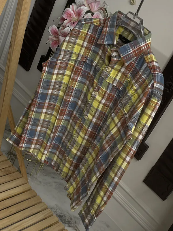 Yellow_Brown_Cotton_Plaid_Embroidered_Long_Sleeve_Shirt_For_Men