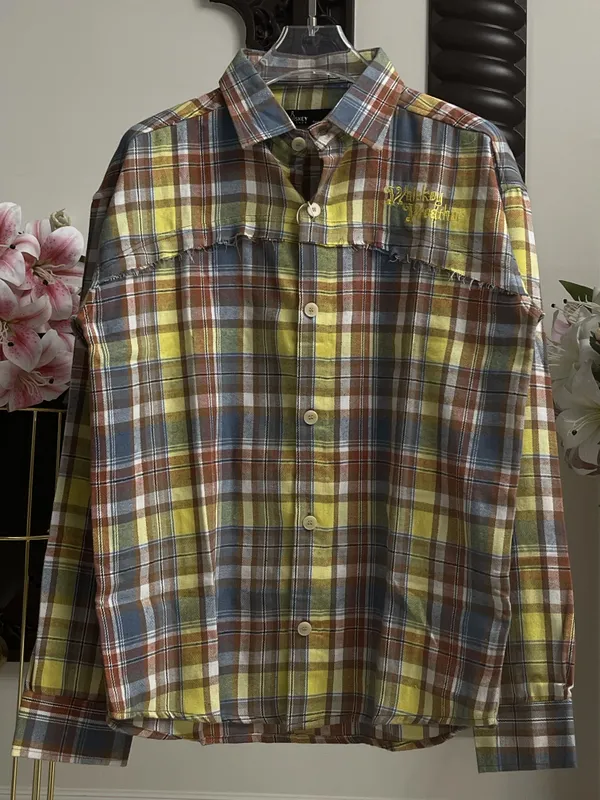 Yellow_Brown_Cotton_Plaid_Embroidered_Long_Sleeve_Shirt_For_Men