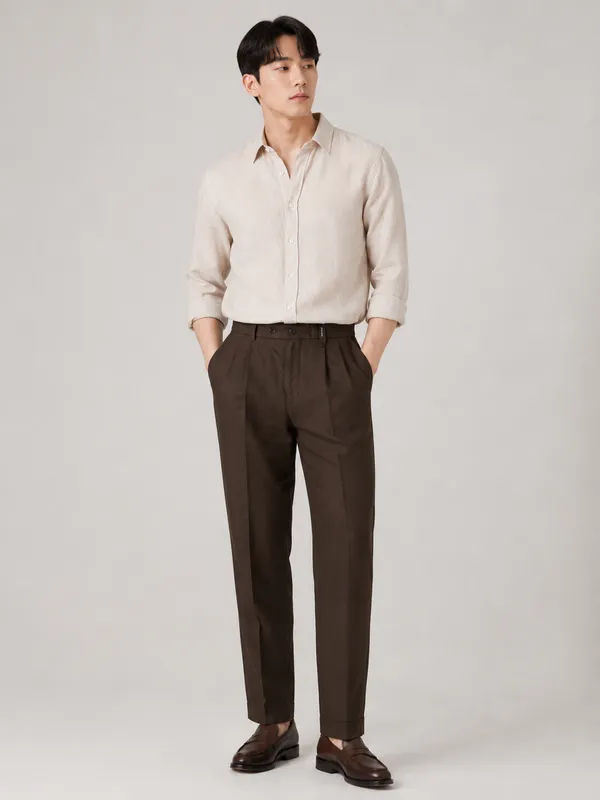 Brown_Linen_Pleated_Tapered_Formal_Trousers_For_Men
