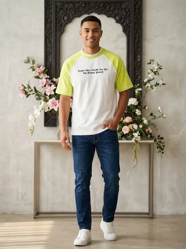 White_Lime_Green_Cotton_Raglan_Sleeve_T_Shirt_For_Men