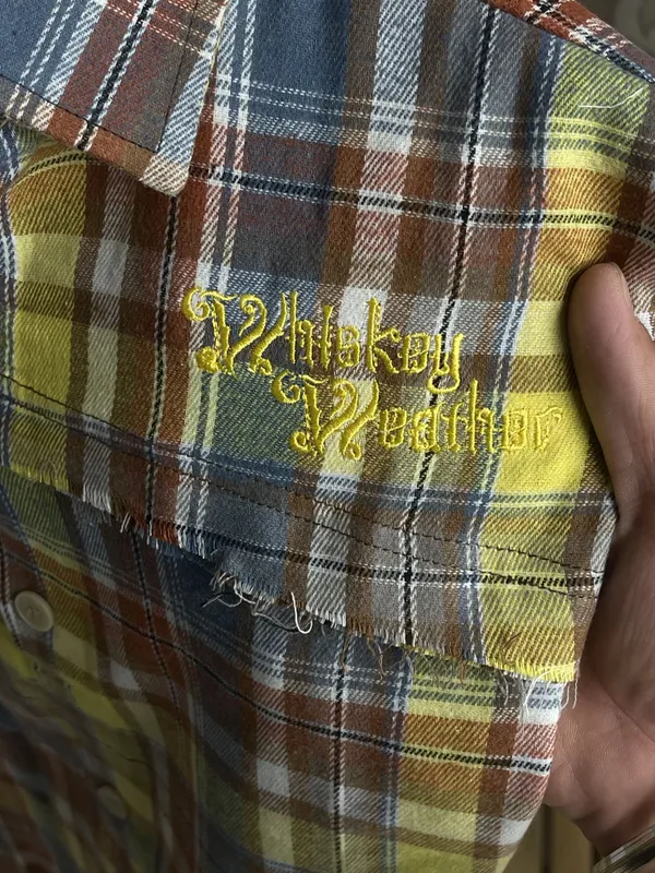 Yellow_Brown_Cotton_Plaid_Embroidered_Long_Sleeve_Shirt_For_Men