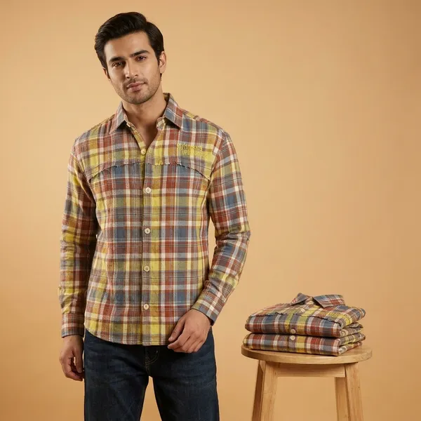 Yellow_Brown_Cotton_Plaid_Embroidered_Long_Sleeve_Shirt_For_Men