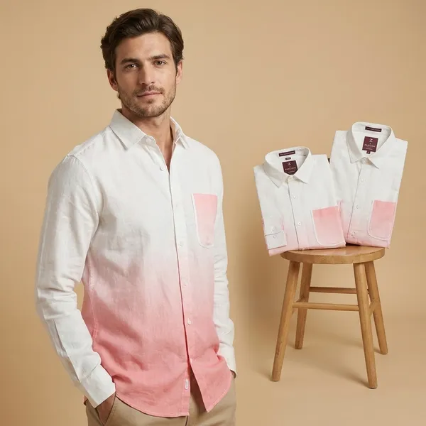 White_Pink_Cotton_Color_Block_Long_Sleeve_Shirt_For_Men