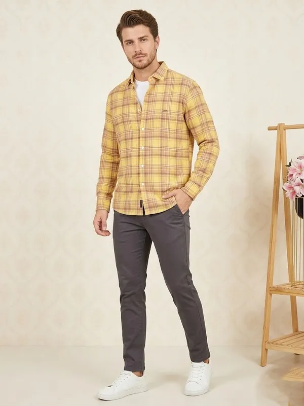 Yellow_Brown_Cotton_Plaid_Long_Sleeve_Casual_Shirt_For_Men