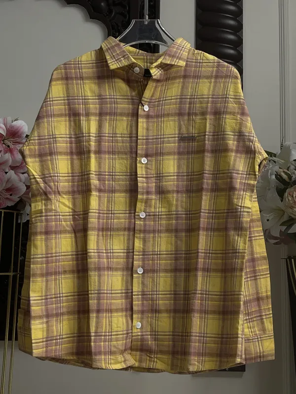 Yellow_Brown_Cotton_Plaid_Long_Sleeve_Casual_Shirt_For_Men
