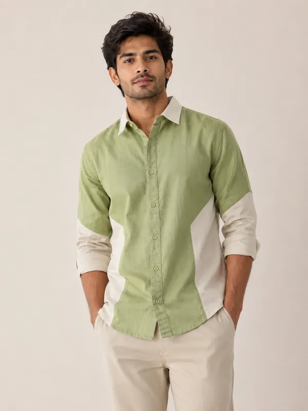 Green_Cotton_Color_Block_Full_Sleeve_Casual_Shirt_For_Men