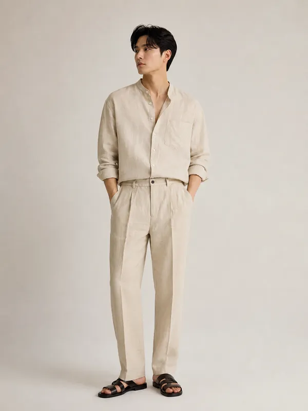 Beige_linen_Pleated_korean_Fit_Trousers_For_Men
