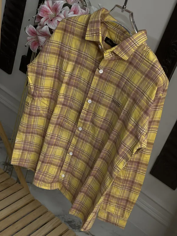 Yellow_Brown_Cotton_Plaid_Long_Sleeve_Casual_Shirt_For_Men