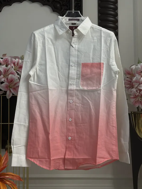 White_Pink_Cotton_Color_Block_Long_Sleeve_Shirt_For_Men