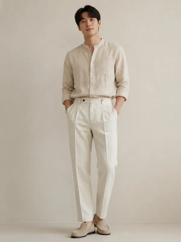 cream_linen_Pleated_High_Waist_Tapered_Trousers_For_men